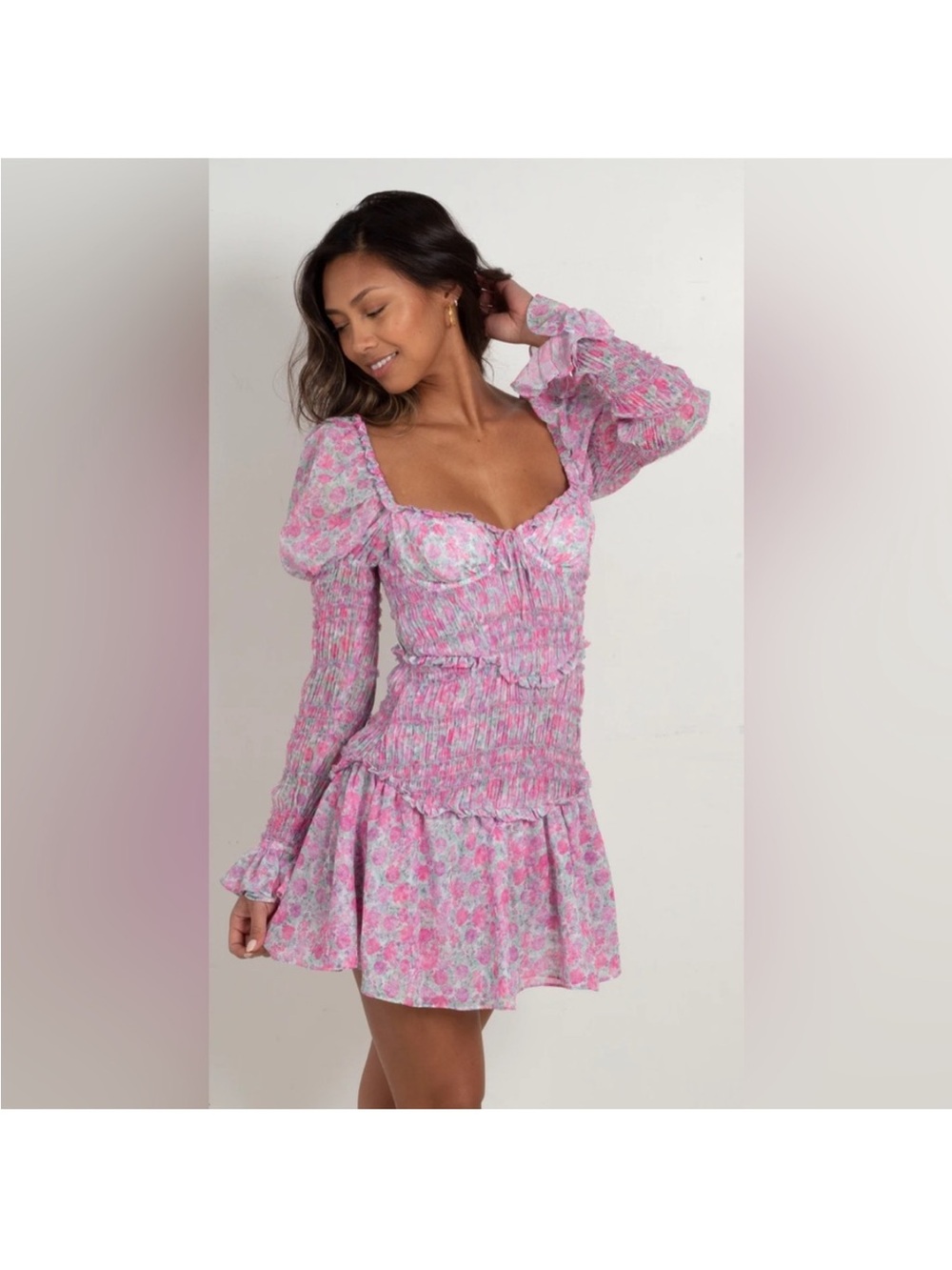 For love and lemons 🍋 Pink Floral Puff-Sleeve Mini Dress